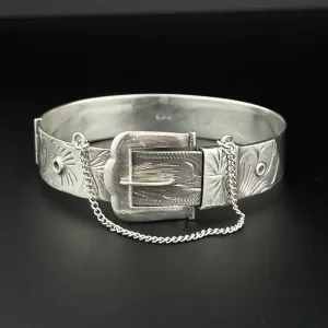 Vintage Engraved Sterling Silver Victorian Revival Buckle Bangle Bracelet