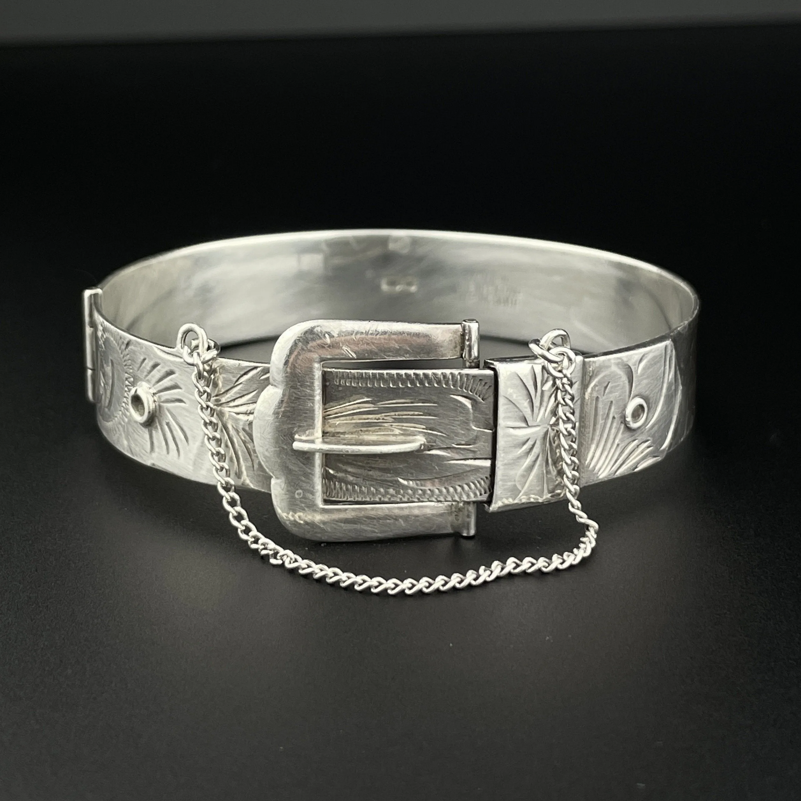 Vintage Engraved Sterling Silver Victorian Revival Buckle Bangle Bracelet