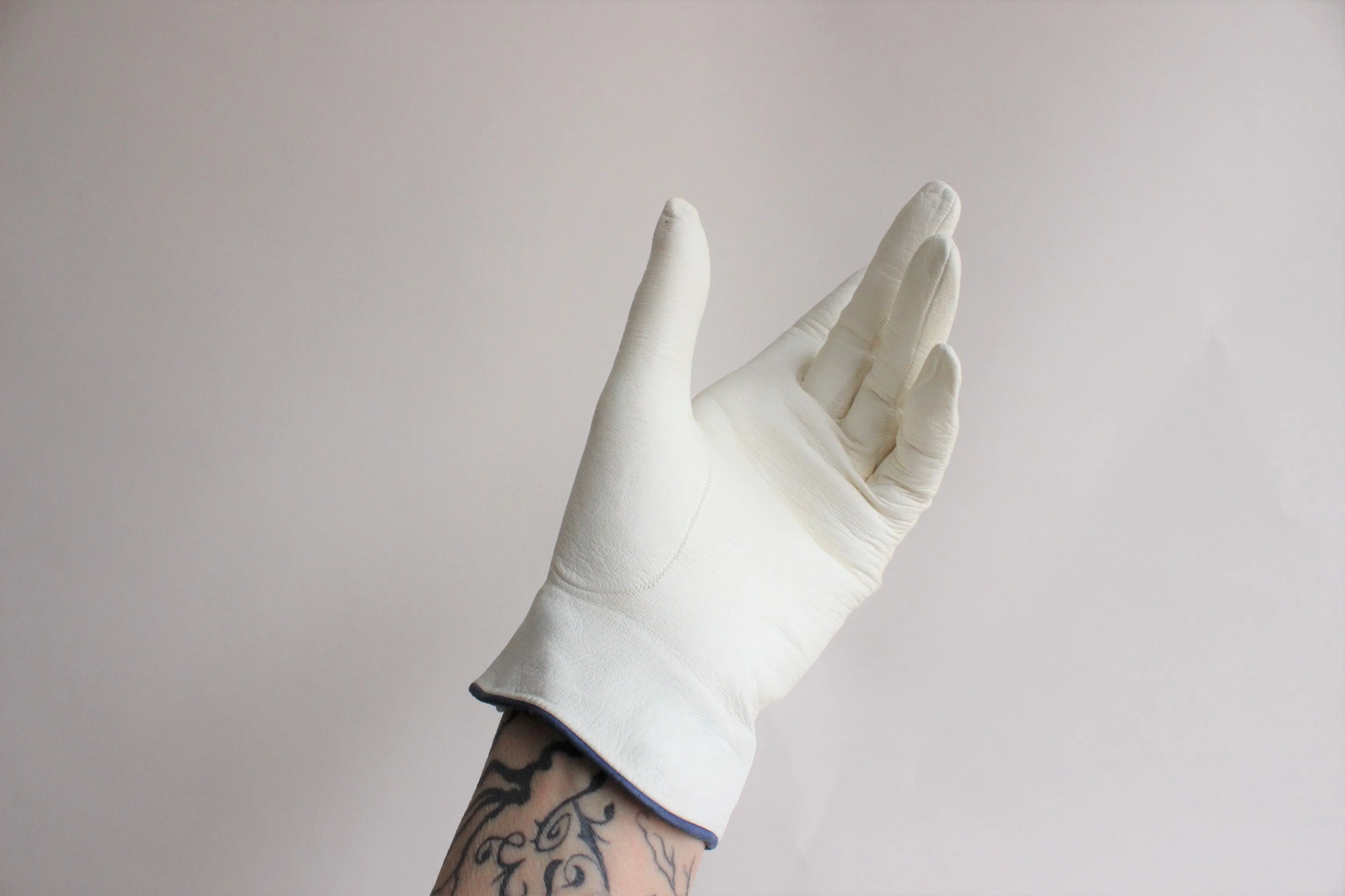 Vintage Kid Leather Gloves, White with Blue Trim and Buttons