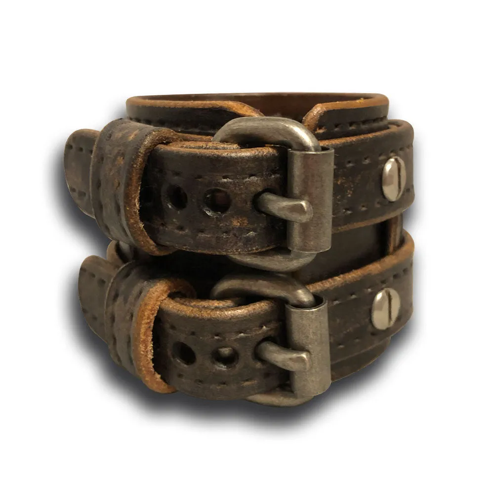 Weathered Double Buckle Double Strap Leather Cuff Wristband