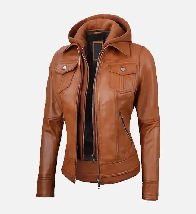 Women's Tan Wax Leather Jacket With Detachable Hood