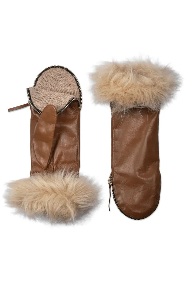 Zipper mitten faux mouton cuff in Luggage